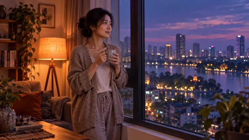Người phụ nữ đứng bên cửa sổ, tay cầm cốc, nhìn ra ngoài