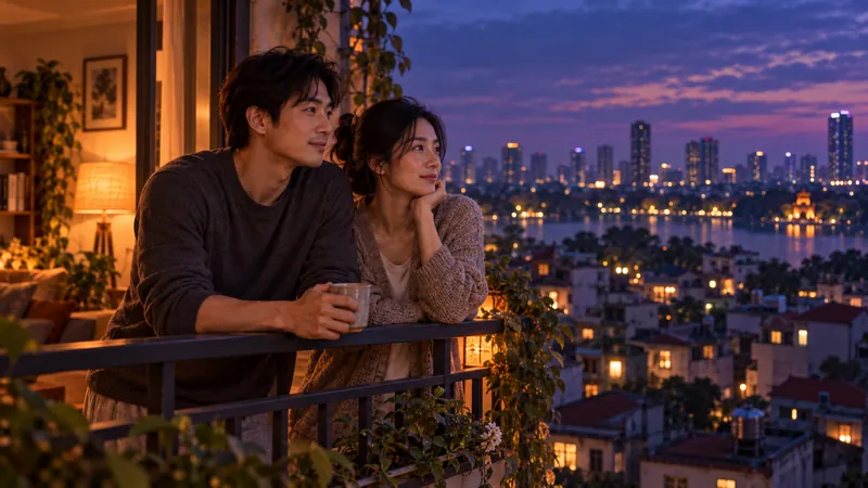 Cặp đôi tựa vai nhau bên lan can ban công
