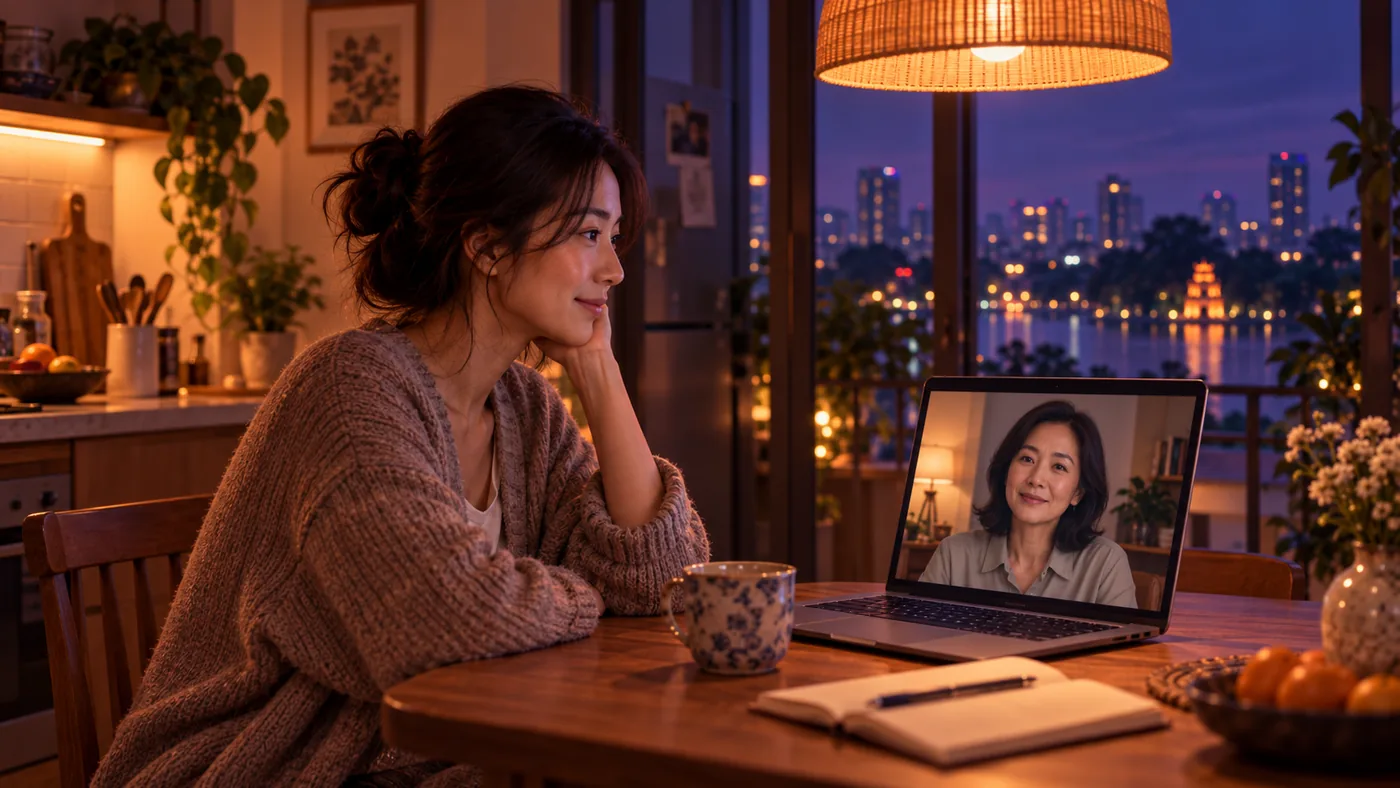Người ngồi bên cửa sổ, gọi video với chuyên gia