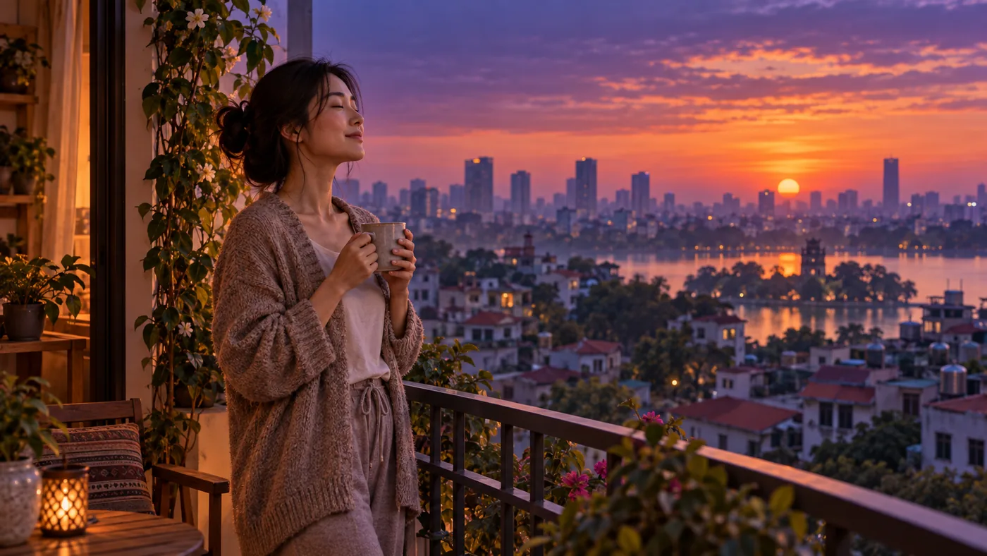Cặp đôi đứng ban công lúc bình minh
