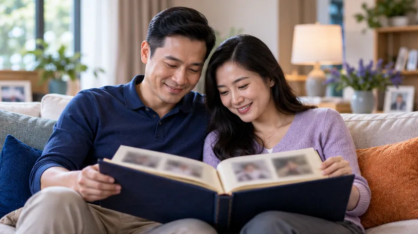Bố mẹ ngồi trên sofa cùng xem lại album ảnh gia đình cũ
