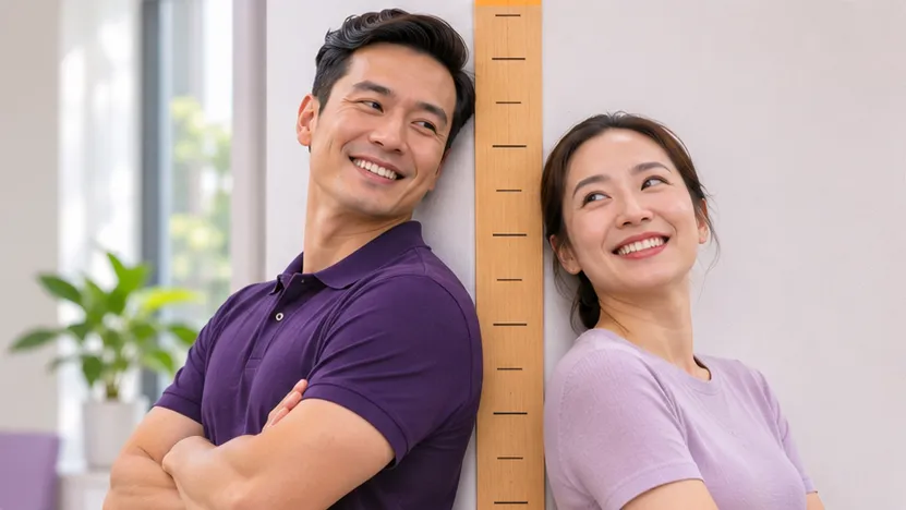 Hai vợ chồng đứng tựa lưng vào nhau để so chiều cao trong phòng khách sáng