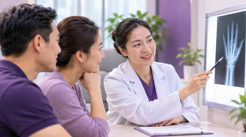 Bác sĩ chỉ phim X-quang bàn tay để giải thích tuổi xương cho bố mẹ