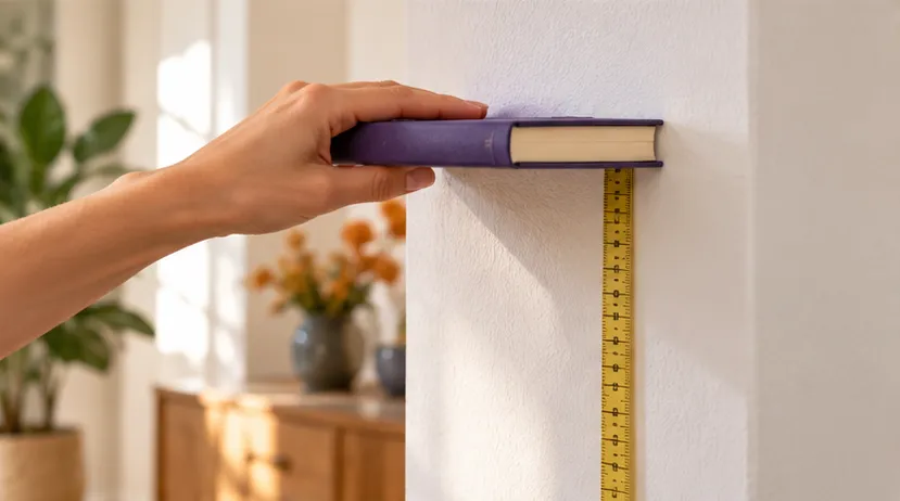 Bàn tay đặt cuốn sách áp sát tường để đánh dấu chiều cao khi đo tại nhà