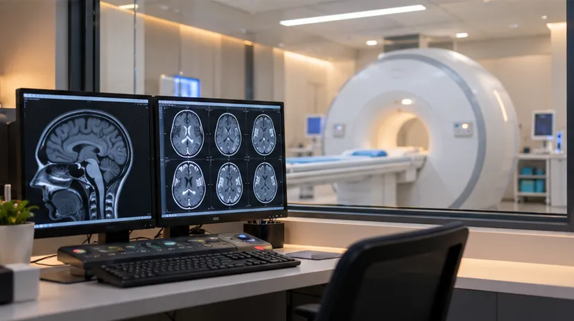 Phòng điều khiển MRI với màn hình hiển thị ảnh chụp cộng hưởng từ não
