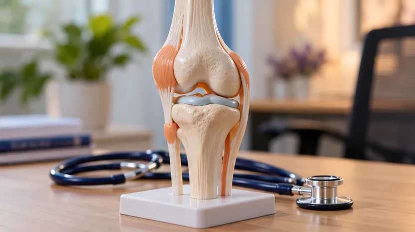 Mô hình giải phẫu khớp gối đặt trên bàn làm việc của bác sĩ