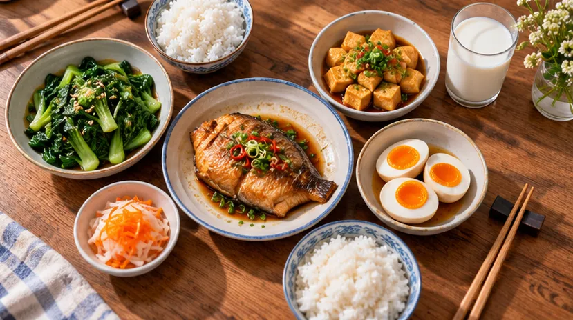 Bữa cơm gia đình cân bằng với cơm, cá, rau và trứng nhìn từ trên xuống