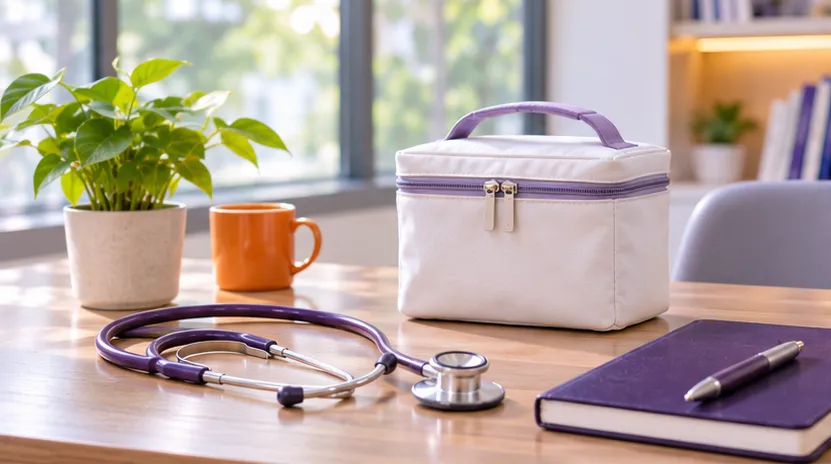 Bàn khám của bác sĩ với ống nghe, sổ ghi chép và túi giữ lạnh nhỏ không nhãn