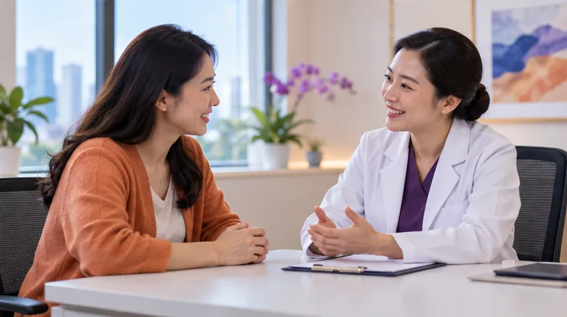 Người mẹ ngồi trao đổi với nữ bác sĩ di truyền về kết quả xét nghiệm của con gái