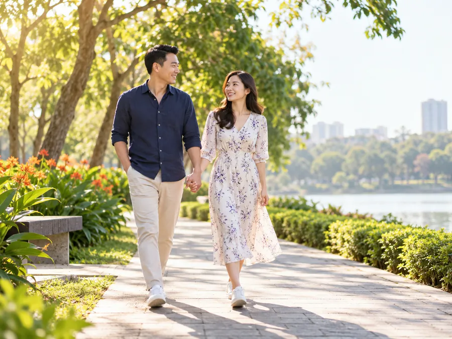 Hai vợ chồng nắm tay đi dạo trong công viên