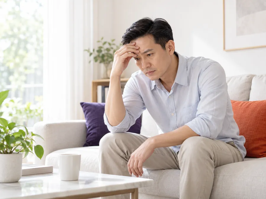 Người đàn ông ngồi trên sofa, tay đặt lên trán, trầm ngâm