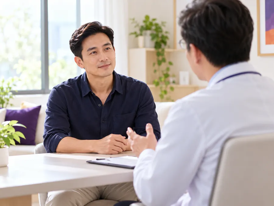 Người đàn ông trò chuyện với bác sĩ trong phòng tư vấn sáng sủa