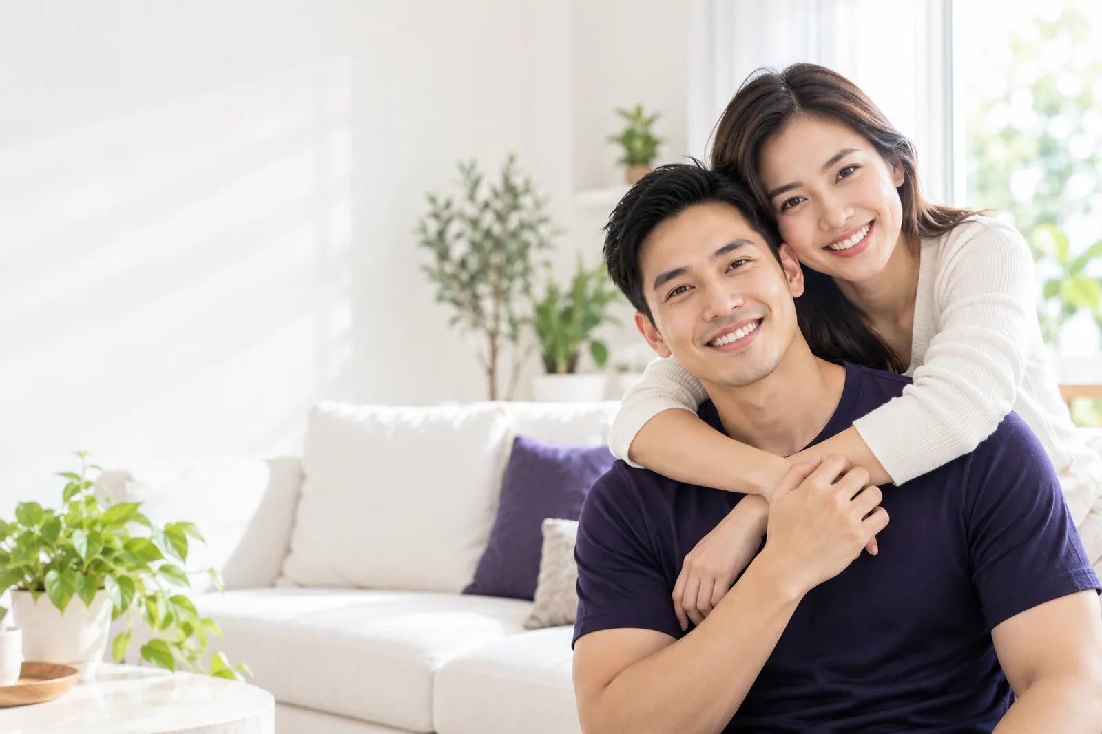 Cặp vợ chồng người Việt cười tươi trong phòng khách sáng