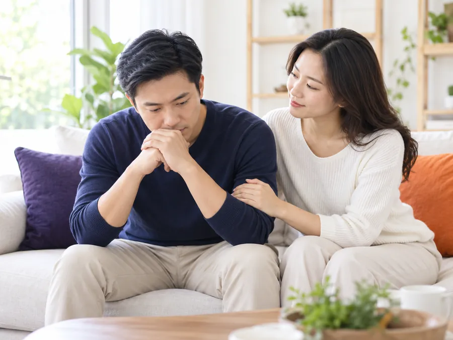 Người vợ ngồi cạnh, đặt tay lên tay chồng đang cúi đầu