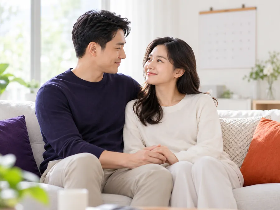 Hai vợ chồng ngồi cạnh nhau trên sofa, nắm tay
