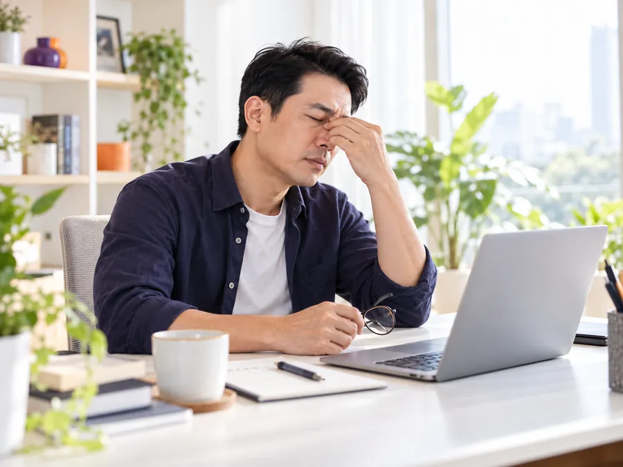 Người đàn ông mệt mỏi ngồi bên bàn làm việc
