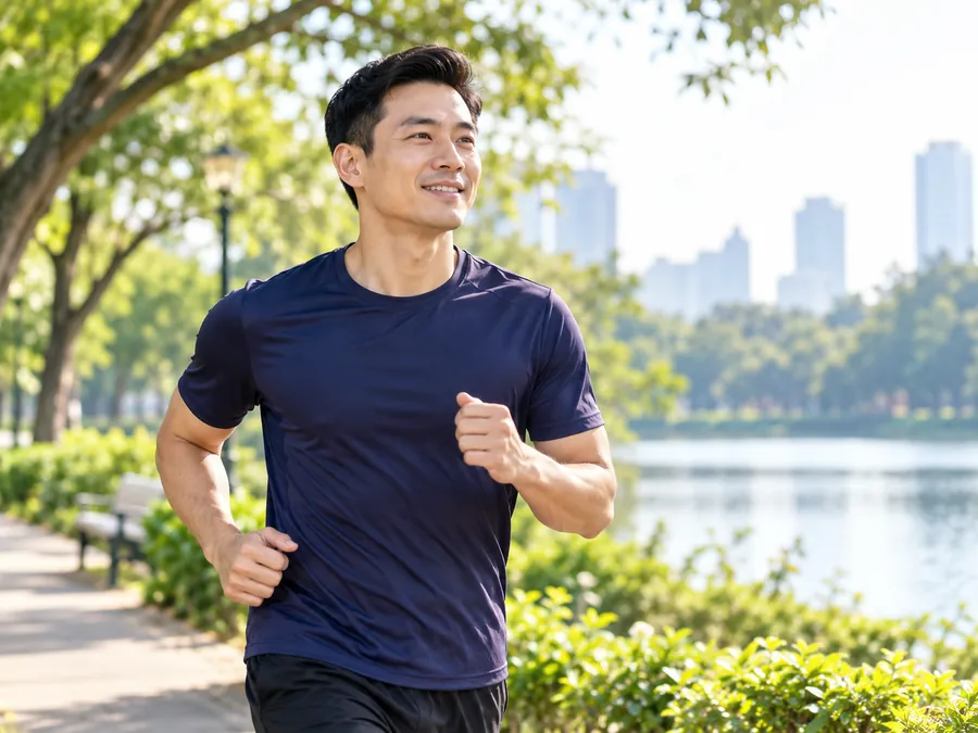 Người đàn ông chạy bộ trong công viên buổi sáng