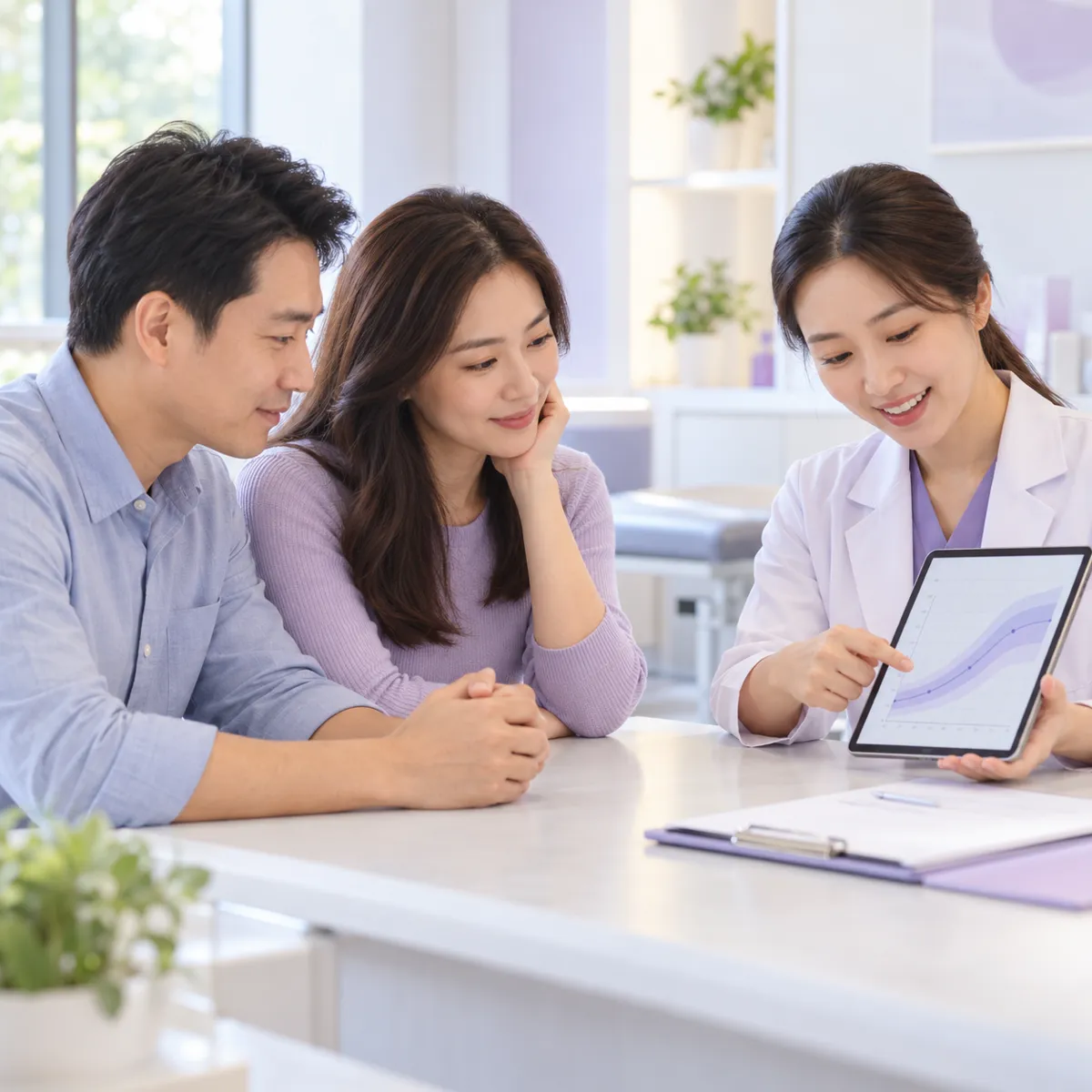 Phụ huynh cùng bác sĩ xem biểu đồ tăng trưởng
